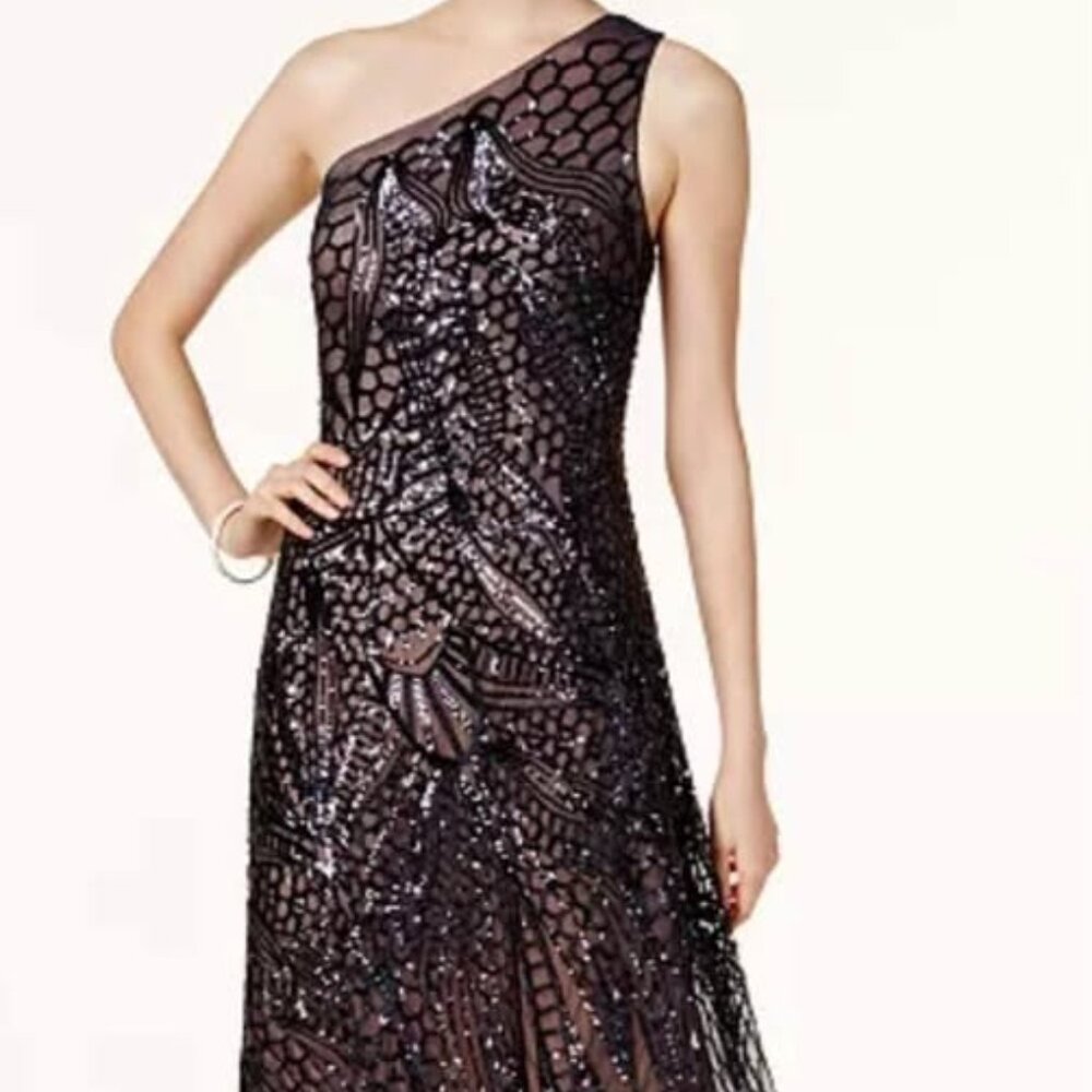 Black sequin one shoulder long dress